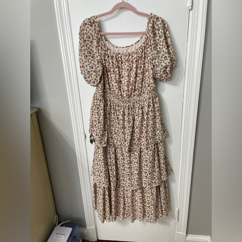 Gal Meets Glam Cream Tiered Dress with Floral Accents